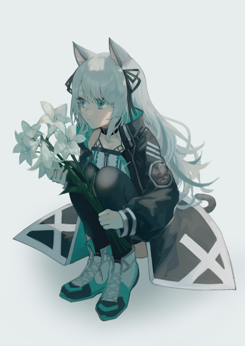 1girl absurdres animal_ears arknights black_jacket black_thighhighs cat_ears cat_girl cat_tail collarbone commentary_request dress flower full_body green_eyes grey_hair highres holding holding_flower jacket knees_up long_hair long_sleeves looking_away miike_(992058) mint_(arknights) open_clothes open_jacket puffy_long_sleeves puffy_sleeves shoes sleeves_past_wrists solo squatting tail thigh-highs very_long_hair white_dress white_flower white_footwear