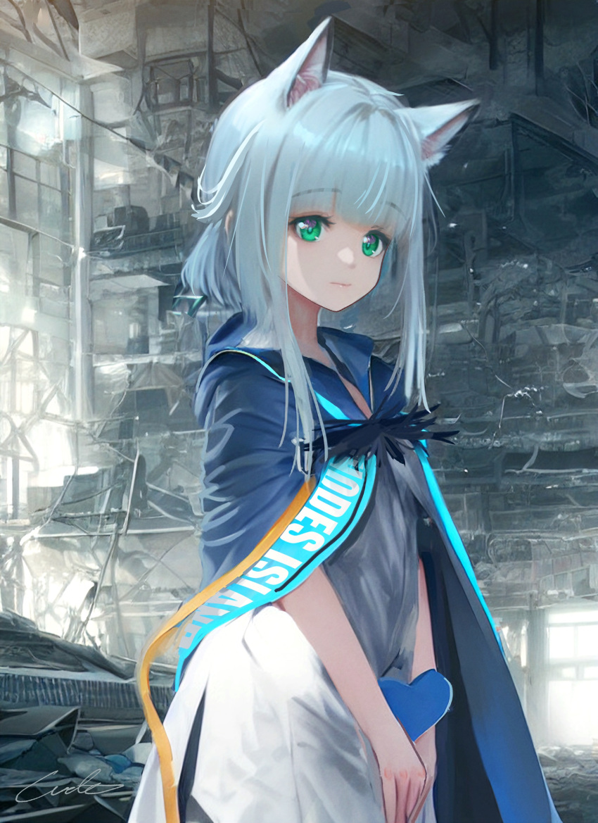 1girl absurdres animal_ears arknights black_cape cape cat_ears cat_girl clothes cowboy_shot dress extra_ears green_eyes grey_hair heart highres looking_at_viewer rosmontis_(arknights) ruins short_hair_with_long_locks solo welt_(kinsei_koutenkyoku) white_dress