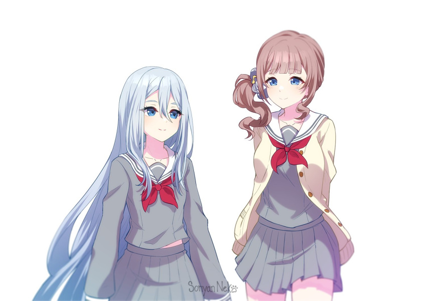 2girls arms_at_sides arms_behind_back bangs blue_eyes blue_hair blunt_bangs brown_hair cardigan collarbone commentary english_commentary eye_contact grey_serafuku grey_shirt grey_skirt hair_between_eyes light_blue_hair long_hair long_sleeves looking_at_another low_ponytail miyamasuzaka_girls'_academy_uniform mochizuki_honami multiple_girls neckerchief pleated_skirt project_sekai red_neckerchief sailor_collar sailor_shirt school_uniform serafuku shirt side_ponytail simple_background skirt sonyaneko very_long_hair white_background yellow_cardigan yoisaki_kanade