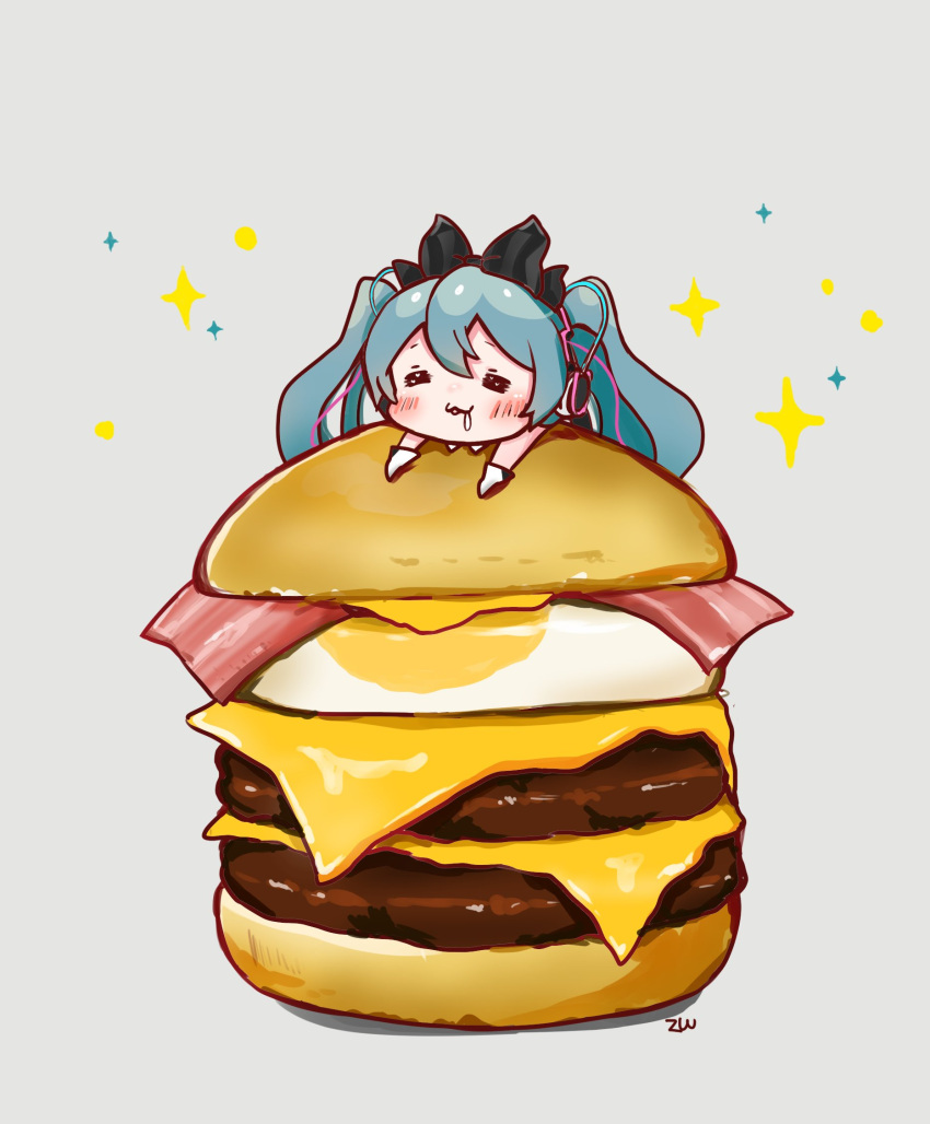 1girl :3 =_= aqua_hair bacon black_bow bow burger cable cheese chibi closed_eyes commentary egg food gloves grey_background hair_bow hatsune_miku headphones highres long_hair lying_on_food magical_mirai_miku magical_mirai_miku_(2016) mcdonald's minigirl saliva smile solo sparkle twintails vocaloid white_gloves zuu100lev