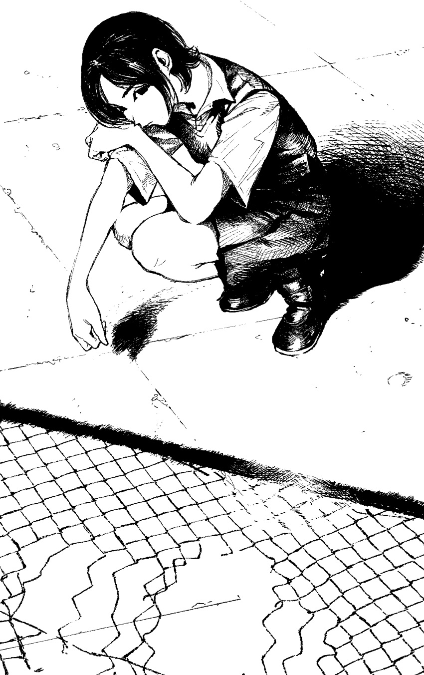 1girl black_eyes black_footwear black_hair black_skirt black_vest collared_shirt crosshatching fence greyscale hatching_(texture) highres looking_at_viewer miura_kazuki monochrome original shadow shirt shoes short_hair short_sleeves skirt solo squatting vest white_shirt