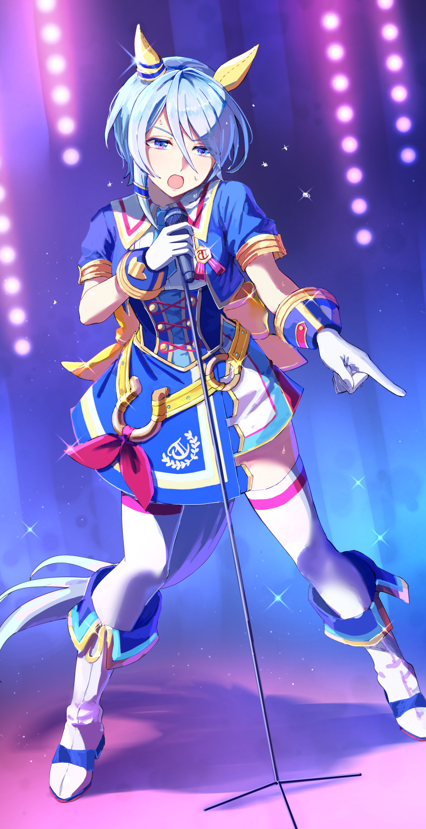 1girl absurdres animal_ears bangs blue_eyes blue_hair blue_jacket boots cropped_jacket ear_covers from_above full_body glorious_azure_costume_(umamusume) gloves hair_between_eyes highres holding holding_microphone horse_ears horse_girl horse_tail jacket k.s.miracle_(umamusume) microphone microphone_stand mismatched_ear_covers nayuta_ggg open_mouth pointing short_hair short_sleeves solo swept_bangs tail thigh-highs umamusume white_footwear white_gloves white_thighhighs