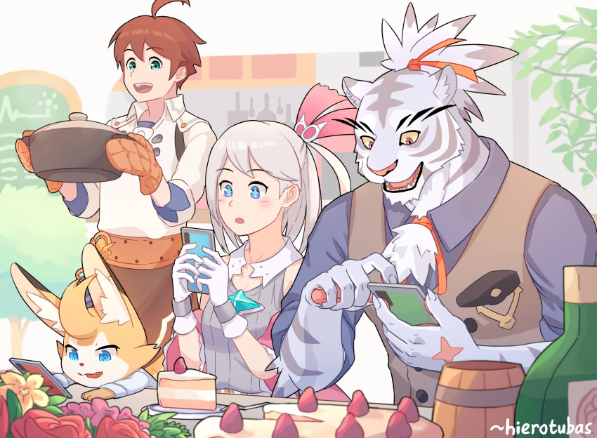 +_+ 1girl 3boys :3 ahoge alk_(world_flipper) animal_ear_fluff animal_hands animal_nose apron artist_name bangs bare_shoulders blue_eyes blue_shirt blush body_fur bottle breast_pocket breasts brooch brown_apron brown_hair brown_vest buttons cake cake_slice cellphone colored_sclera colored_tips commentary cooking cooking_pot cup facial_mark flower food fruit furry furry_male gloves green_eyes grey_fur grey_hair grey_shirt hair_ribbon hands_up happy hierotubas highres holding holding_cooking_pot holding_phone indoors jewelry kitchen light_(world_flipper) long_sleeves looking_at_phone looking_down mug multicolored_eyes multicolored_fur multicolored_hair multiple_boys nimbus_(world_flipper) official_alternate_costume one_side_up open_mouth orange_eyes orange_flower orange_gloves oven_mitts pawpads phone pink_flower pocket red_flower red_ribbon red_rose ribbon rose scar scar_on_hand sharp_teeth shiny shiny_hair shirt short_hair short_sleeves sidelocks signature sleeveless sleeveless_shirt sleeves_rolled_up small_breasts smartphone smile standing stella_(world_flipper) strawberry striped_fur swept_bangs tankard teeth textless_version topknot tree two-tone_hair upper_body vest violet_eyes waist_apron whisker_markings white_fur white_gloves white_shirt world_flipper yellow_sclera