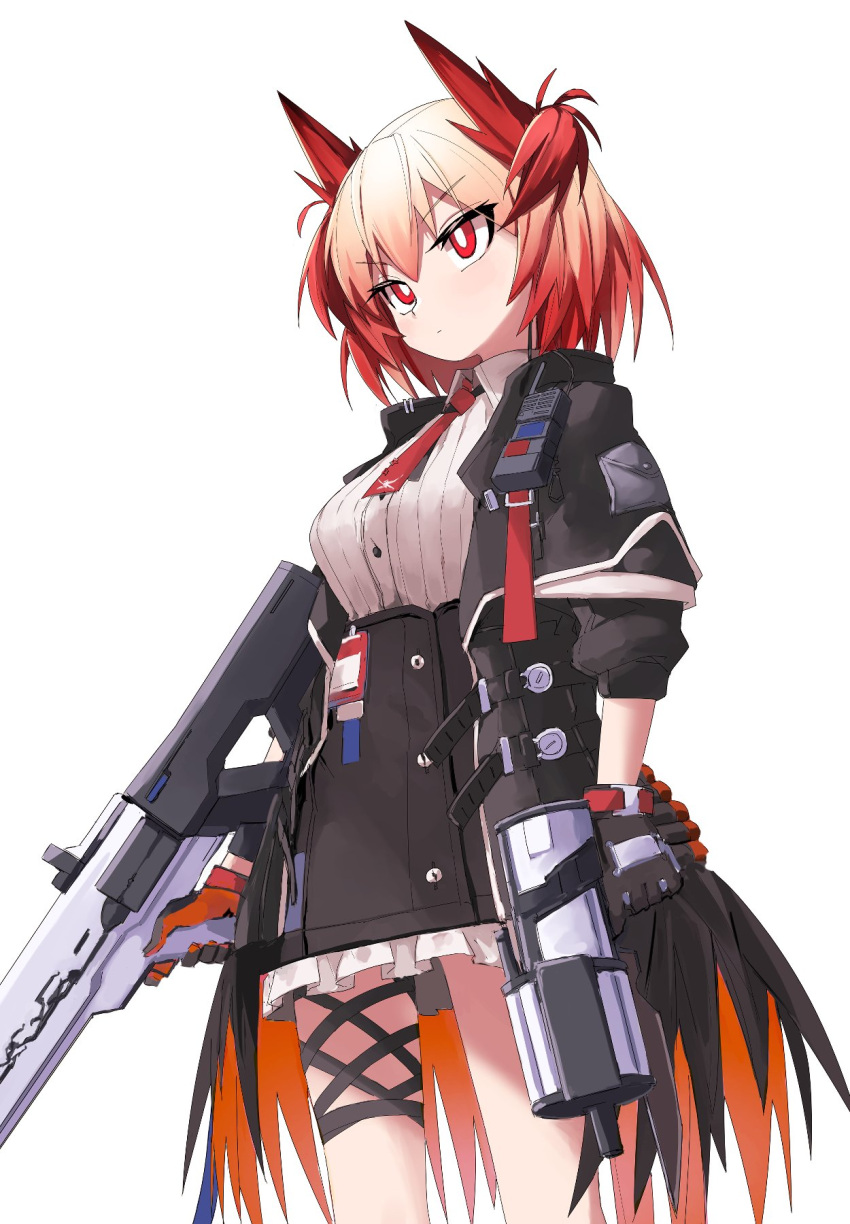1girl animal_ears arknights bird_ears black_gloves black_skirt breasts bright_pupils collared_shirt cowboy_shot dual_wielding fiammetta_(arknights) frilled_skirt frills gloves gun high-waist_skirt highres holding holding_gun holding_weapon necktie red_eyes red_gloves red_necktie redhead shirt short_hair simple_background skirt sleeves_past_elbows small_breasts solo v-shaped_eyebrows weapon white_background white_pupils white_shirt yachima_tana