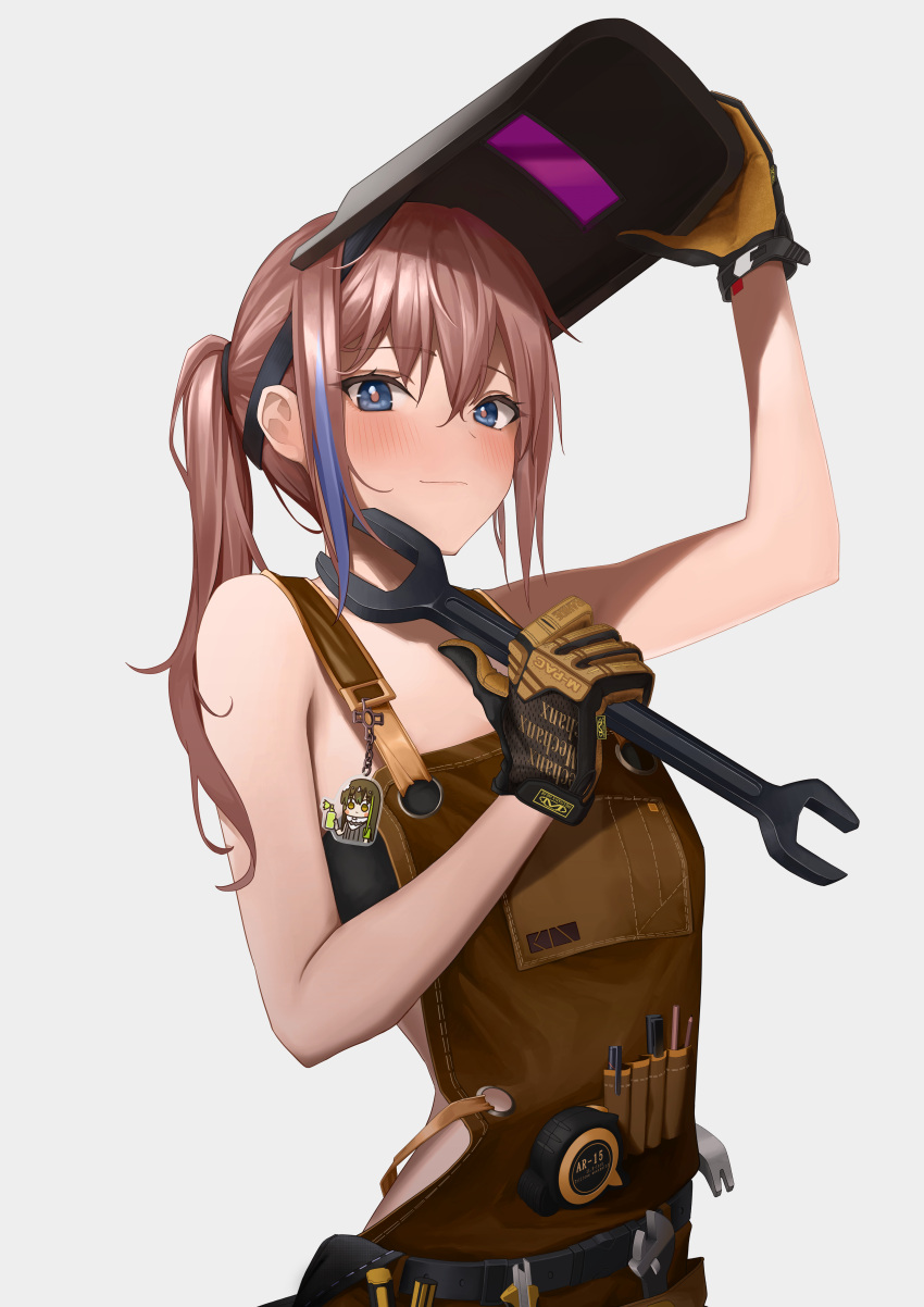 1girl absurdres alter_sang aqua_hair arm_up blue_eyes girls_frontline gloves hammer highres holding holding_wrench keychain m4a1_(girls'_frontline) multicolored_hair official_alternate_costume overalls pen pink_hair ponytail st_ar-15_(girls'_frontline) strapless streaked_hair tube_top upper_body welding_mask wrench