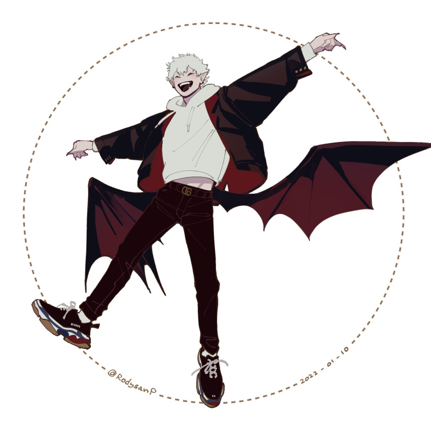 1boy arms_up artist_name bat_wings belt belt_buckle black_footwear brown_belt brown_jacket brown_pants buckle closed_eyes ear_piercing facing_viewer fangs fingernails full_body gucci highres hood hoodie jacket kuzuha_(nijisanji) long_sleeves low_wings male_focus natsu_(rodysanp) nijisanji open_mouth outstretched_arms pants piercing pointy_ears red_wings sharp_fingernails shoes short_hair simple_background sneakers solo twitter_username vampire virtual_youtuber white_background white_hair white_hoodie wings