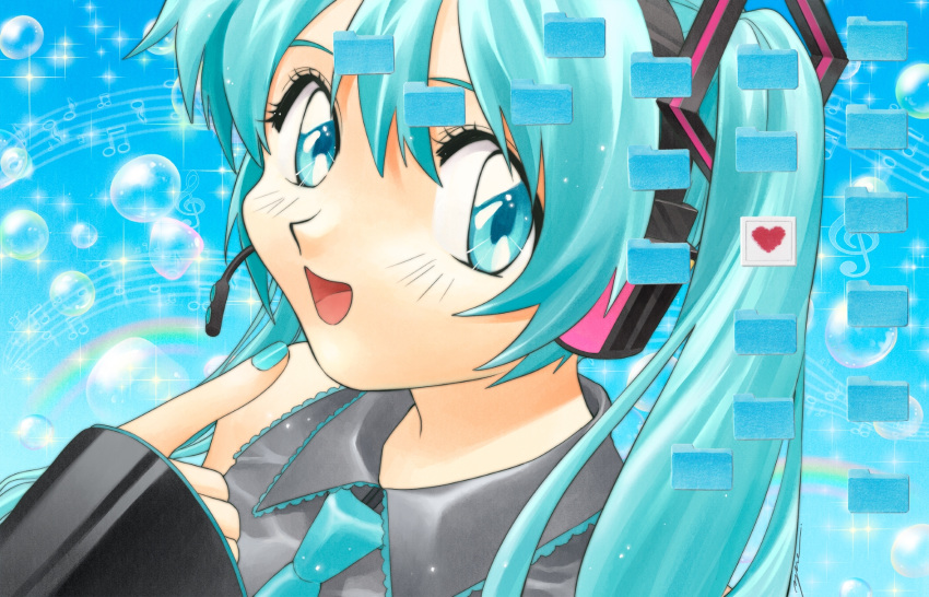 1990s_(style) 1girl bangs blue_necktie clip_studio_paint_(medium) collared_shirt desktop grey_shirt hatsune_miku highres looking_to_the_side musical_note necktie pointing pointing_at_self portrait retro_artstyle shirt sleeveless sleeveless_shirt sleeves_past_wrists solo sparkle staff_(music) twintails vocaloid yue_(yung_n_dum_)