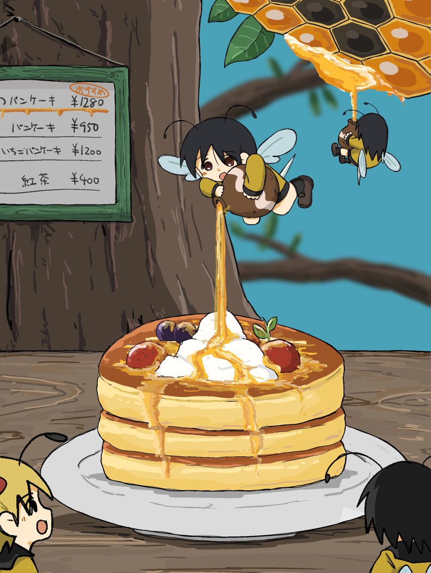 4girls :d :o absurdres antennae arthropod_girl bee_girl black_hair blonde_hair brown_eyes flying food highres honey honeycomb_(object) jug kishimen_udn long_hair multiple_girls original pancake pancake_stack pouring short_hair smile translated tree