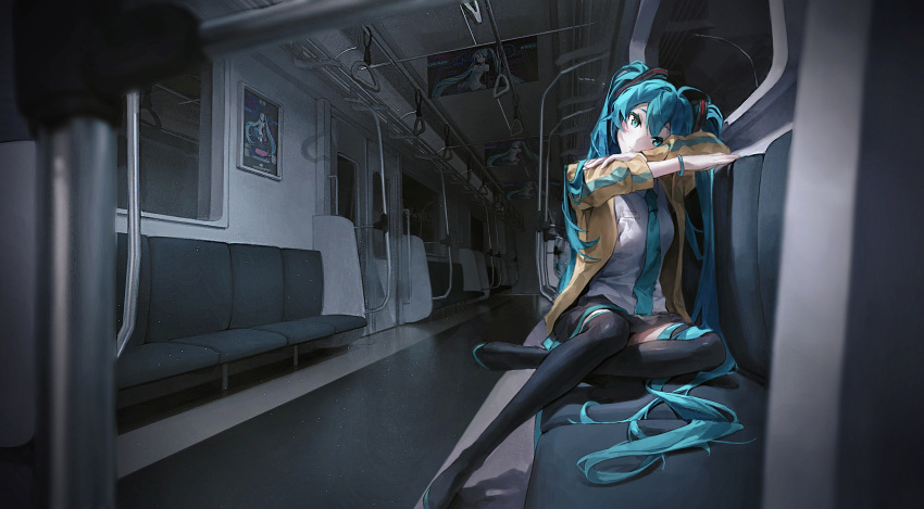 1girl absurdly_long_hair aqua_necktie bag black_footwear black_skirt blue_eyes blue_hair blurry blurry_foreground boots bracelet breast_pocket closed_mouth hair_between_eyes hair_ornament hatsune_miku highres jacket jewelry long_hair long_sleeves looking_at_viewer miniskirt necktie open_clothes open_jacket pleated_skirt pocket rollrollzz sitting skirt solo thigh_boots train_interior twintails very_long_hair vocaloid yellow_jacket zettai_ryouiki