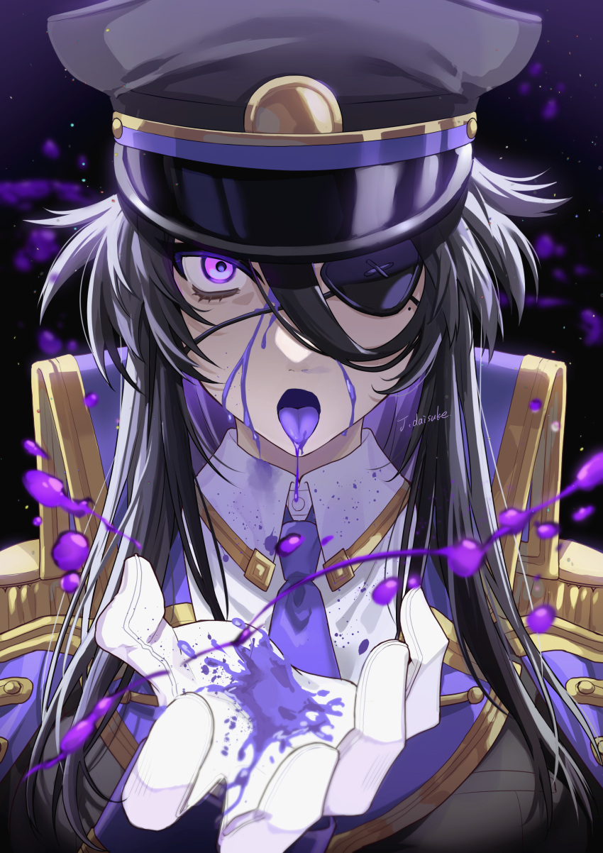 1girl absurdres bangs black_hair eyebrows_hidden_by_hair eyepatch gloves hair_between_eyes hat highres long_hair looking_at_viewer military military_hat military_uniform open_mouth original reaching_out saliva saliva_trail solo tatsuma_daisuke tongue tongue_out uniform violet_eyes white_gloves