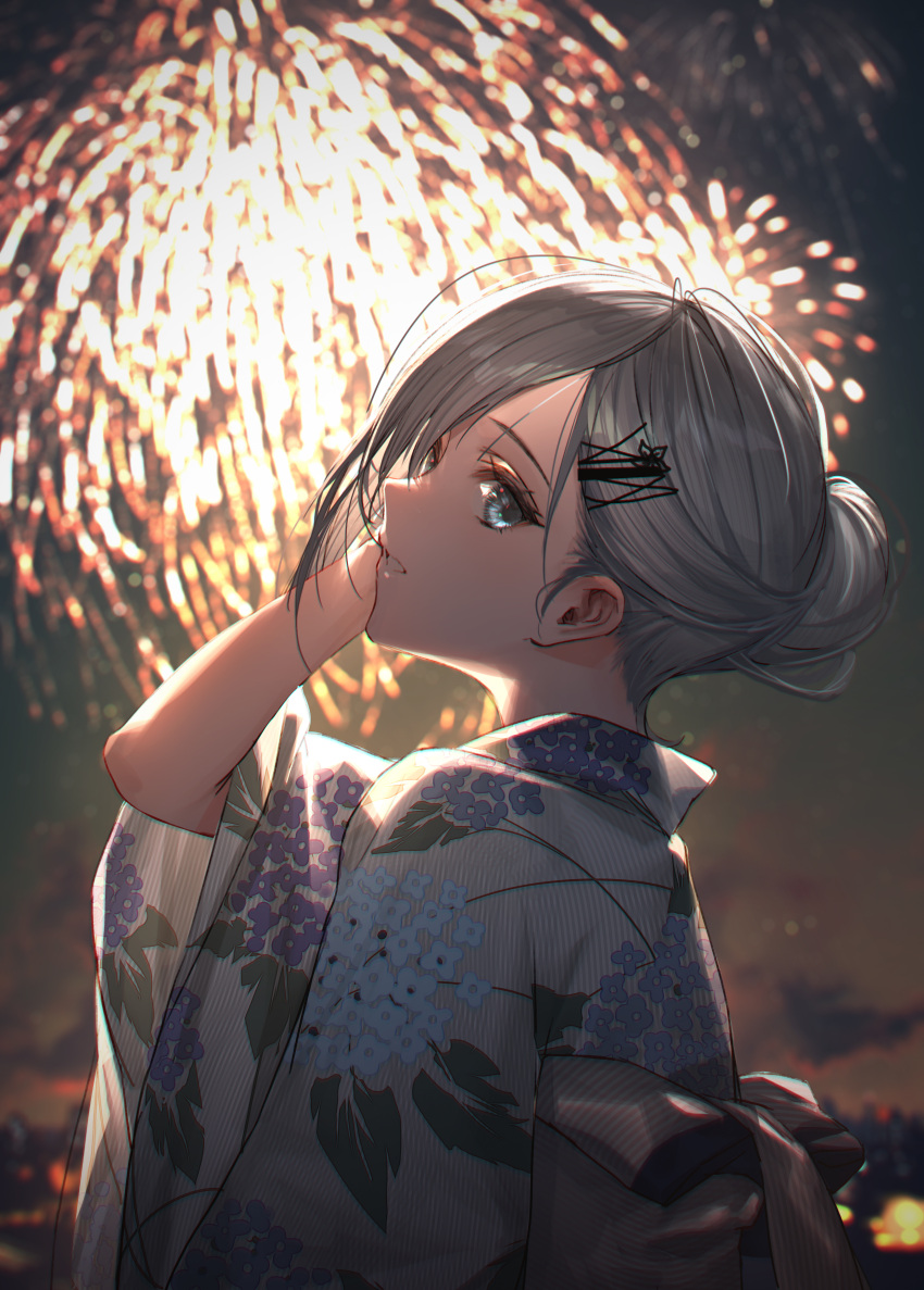 1girl absurdres blue_eyes blurry blurry_background fireworks floral_print from_side grey_hair hair_ornament hand_in_own_hair highres japanese_clothes kimono night original parted_lips print_kimono profile shiny shiny_hair short_hair solo takubon upper_body