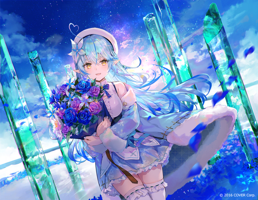 1girl ahoge belt beret blue_coat blue_hair blue_skirt blue_sky blush bouquet braid breasts brown_belt clouds cloudy_sky coat cowboy_shot fang floating_hair flower french_braid frilled_skirt frilled_thighhighs frills fur-trimmed_coat fur_trim fuzichoco hair_flower hair_ornament hat heart heart_ahoge holding holding_bouquet hololive light_blue_hair long_hair looking_at_viewer medium_breasts miniskirt motion_blur multicolored_hair off_shoulder official_art open_mouth petals pillar pointy_ears shirt skirt sky sleeveless sleeveless_shirt smile snowflake_print solo standing star_(sky) starry_sky streaked_hair thigh-highs two-tone_hair virtual_youtuber watermark white_headwear white_shirt white_thighhighs yellow_eyes yukihana_lamy zettai_ryouiki