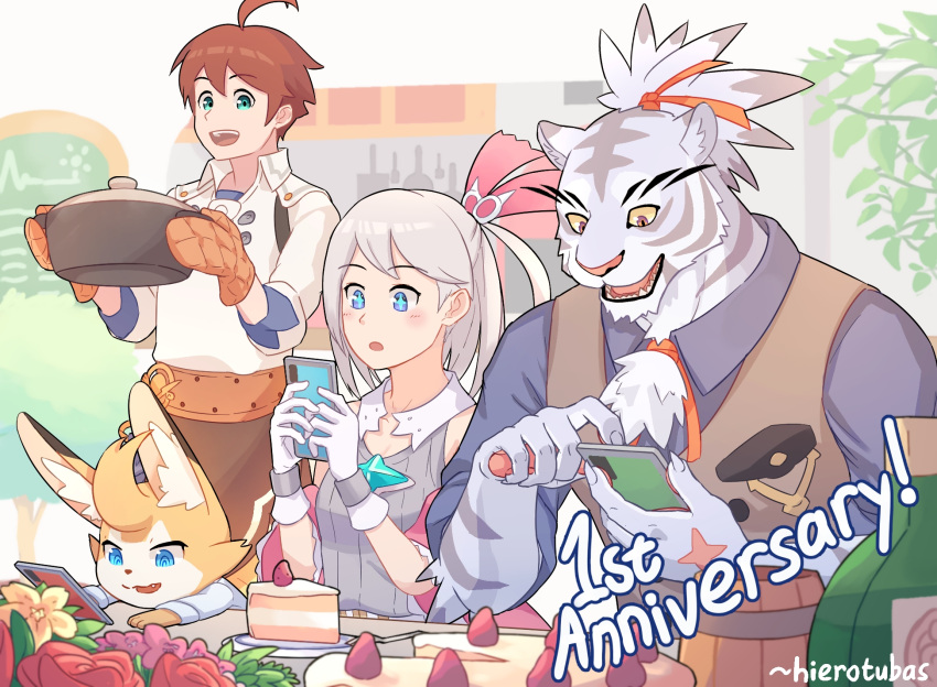+_+ 1girl 3boys :3 ahoge alk_(world_flipper) animal_ear_fluff animal_hands animal_nose anniversary apron artist_name bangs bare_shoulders blue_eyes blue_shirt blush body_fur bottle breast_pocket breasts brooch brown_apron brown_hair brown_vest buttons cake cake_slice cellphone colored_sclera colored_tips commentary cooking cooking_pot cup english_text facial_mark flower food fruit furry furry_male gloves green_eyes grey_fur grey_hair grey_shirt hair_ribbon hands_up happy hierotubas highres holding holding_cooking_pot holding_phone indoors jewelry kitchen light_(world_flipper) long_sleeves looking_at_phone looking_down mug multicolored_eyes multicolored_fur multicolored_hair multiple_boys nimbus_(world_flipper) official_alternate_costume one_side_up open_mouth orange_eyes orange_flower orange_gloves oven_mitts pawpads phone pink_flower pocket red_flower red_ribbon red_rose ribbon rose scar scar_on_hand sharp_teeth shiny shiny_hair shirt short_hair short_sleeves sidelocks signature sleeveless sleeveless_shirt sleeves_rolled_up small_breasts smartphone smile standing stella_(world_flipper) strawberry striped_fur swept_bangs tankard teeth topknot tree two-tone_hair upper_body vest violet_eyes waist_apron whisker_markings white_fur white_gloves white_shirt world_flipper yellow_sclera