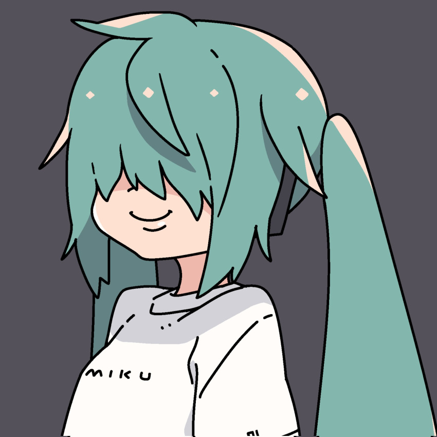 1girl alternate_hairstyle aqua_hair hair_over_eyes hatsune_miku highres icon_315 long_hair portrait simple_background smile solo twintails vocaloid
