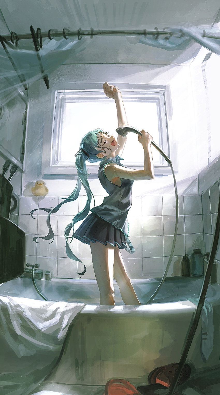 1girl absurdres aqua_hair bangs bare_arms bathtub breasts closed_eyes collared_shirt commentary grey_shirt hair_ornament hand_up hatsune_miku highres holding holding_shower_head indoors long_hair medium_breasts music open_mouth pleated_skirt qq_orikou rubber_duck shirt shower_(place) shower_curtain shower_head singing skirt sleeveless sleeveless_shirt smile solo standing tile_wall tiles twintails vocaloid wet wet_clothes wet_hair window