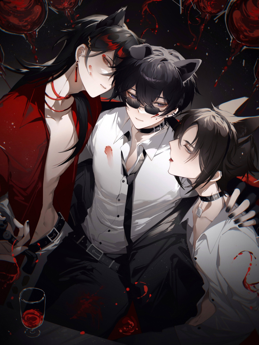 3boys absurdres alcohol alternate_costume animal_ears black_hair black_nails black_necktie dog_boy dog_ears earrings fox_boy fox_ears glasses hair_ornament hairclip hand_on_another's_shoulder highres jewelry liquid_clothes male_focus medium_hair multicolored_hair multiple_boys muyekikikikikikikiya mysta_rias necktie nijisanji nijisanji_en open_clothes red_eyeliner redhead short_hair shoto_(vtuber) tassel tassel_earrings virtual_youtuber vox_akuma wolf_boy wolf_ears yellow_eyes