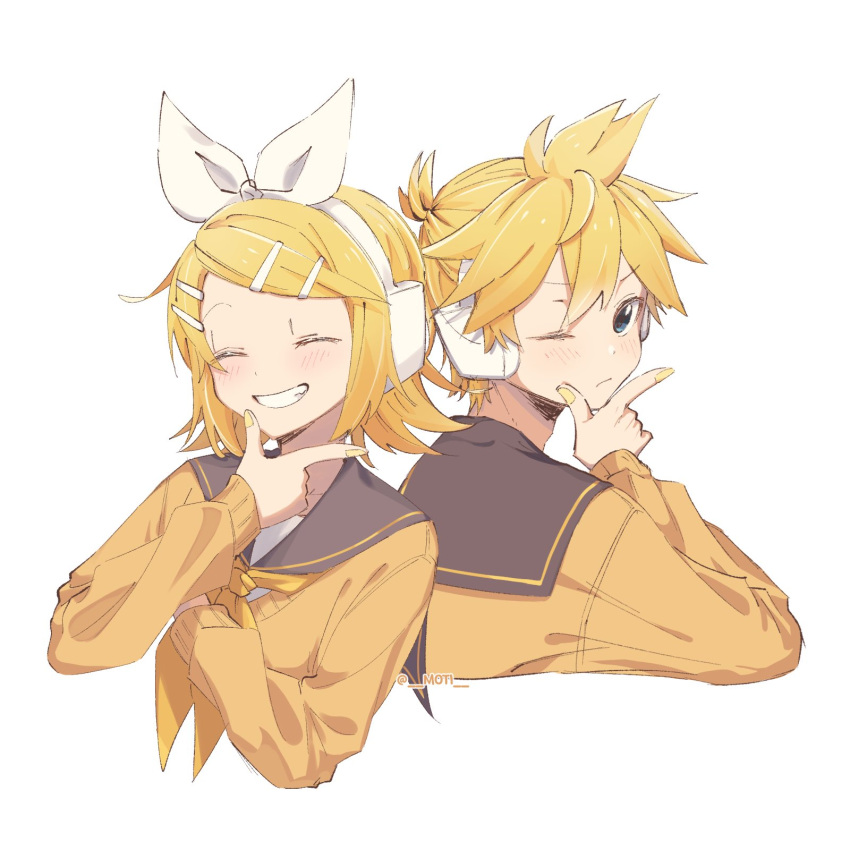 1boy 1girl back-to-back bangs black_sailor_collar blonde_hair blue_eyes bow cardigan closed_eyes commentary cropped_torso facing_viewer grin hair_bow hair_ornament hairclip hand_on_own_chin headphones highres kagamine_len kagamine_rin light_frown looking_back m0ti neckerchief one_eye_closed orange_cardigan sailor_collar short_hair smile swept_bangs twitter_username upper_body vocaloid white_background white_bow yellow_nails