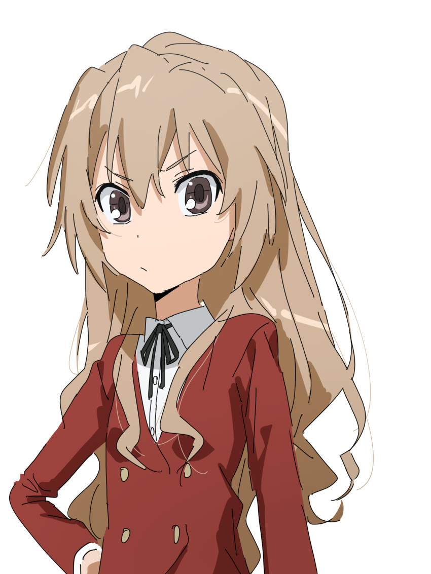 1girl aisaka_taiga bangs black_ribbon brown_eyes brown_hair buttons closed_mouth collared_shirt commentary double-breasted hair_between_eyes hand_on_hip highres ichisannyonn jacket long_hair long_sleeves looking_at_viewer neck_ribbon oohashi_high_school_uniform red_jacket ribbon school_uniform shirt simple_background solo toradora! upper_body white_background white_shirt