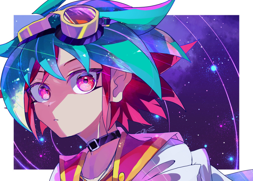 1boy bangs cosmos_mrst dyed_bangs goggles goggles_on_head green_hair hair_between_eyes highres jacket jacket_on_shoulders jewelry looking_at_viewer male_focus multicolored_hair open_clothes parted_lips pendant portrait red_eyes redhead sakaki_yuuya short_hair solo two-tone_hair upper_body wide-eyed yu-gi-oh! yu-gi-oh!_arc-v