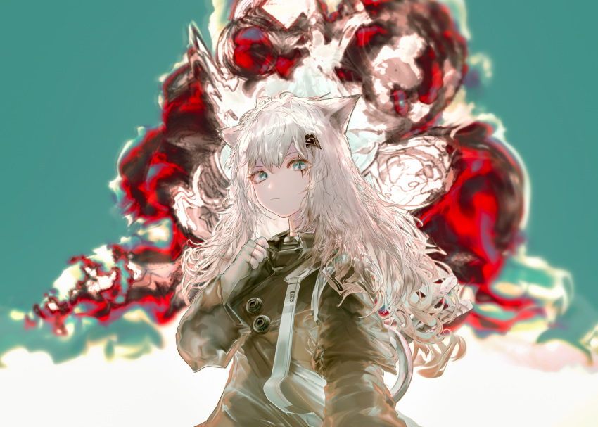 1girl animal_ears arknights black_jacket blue_eyes buttons fingerless_gloves gloves grey_gloves hair_ornament hairclip hand_up highres jacket lappland_(arknights) long_hair long_sleeves looking_at_viewer runamonet scar scar_across_eye smoke solo white_hair wolf_ears wolf_girl