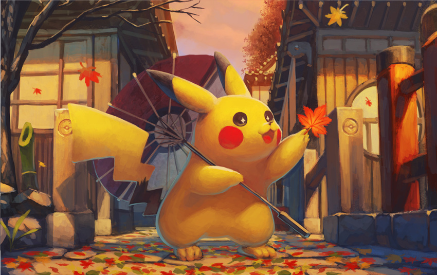 +_+ :d autumn_leaves black_eyes blue_sky building clouds commentary_request holding holding_leaf holding_umbrella leaf maple_leaf no_humans oil-paper_umbrella outdoors pikachu poke_ball_print pokemon pokemon_(creature) print_umbrella sky smile solo standing sunset umbrella usagino_suzu