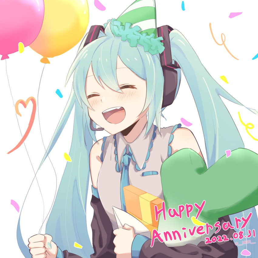 1girl anniversary aqua_hair aqua_necktie balloon bare_shoulders birthday black_sleeves blush box closed_eyes commentary dated detached_sleeves envelope gift gift_box grey_shirt hair_ornament hatsune_miku headphones headset highres holding holding_balloon holding_envelope holding_gift long_hair m0ti necktie open_mouth shirt simple_background sleeveless sleeveless_shirt smile solo spring_onion stuffed_toy twintails upper_body very_long_hair vocaloid white_background