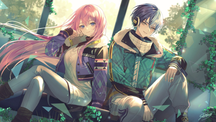 1boy 1girl aoyagi_touya aqua_jacket black_sweater blue_eyes brown_leg_warmers closed_mouth dress earrings fur-trimmed_jacket fur_trim grey_pants headphones highres hoop_earrings jacket jewelry leg_warmers long_hair megurine_luka multicolored_hair pants pink_hair plant project_sekai purple_jacket shinotarou_(nagunaguex) sitting smile split-color_hair sweater sweater_dress train_interior turtleneck turtleneck_sweater very_long_hair vines vivid_bad_squad_(project_sekai) vocaloid white_sweater winter_clothes