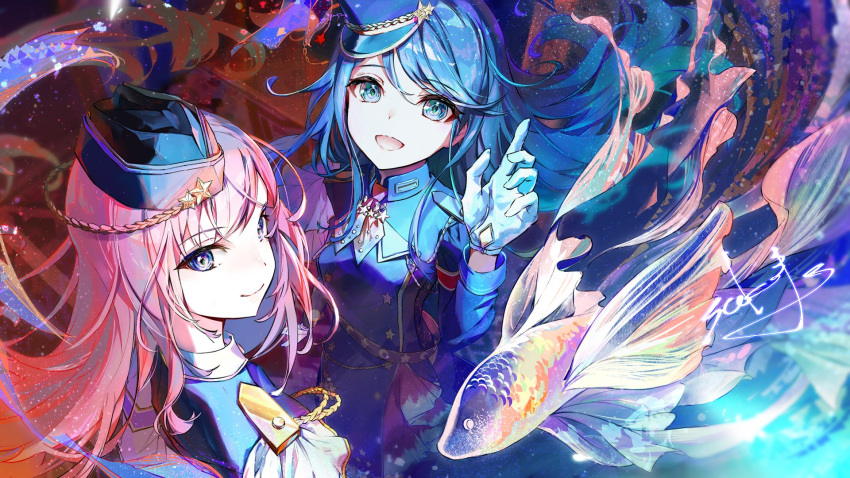 2girls aiguillette armband blue_eyes blue_hair blue_jacket buttons closed_mouth colorful commentary_request cutout_gloves double-breasted epaulettes fish garrison_cap gloves gold_trim goldfish gradient_neckerchief hat hat_ornament highres hoshino_ichika_(project_sekai) jacket leo/need_(project_sekai) long_hair long_sleeves looking_at_viewer megurine_luka mini_hat multiple_girls open_mouth pink_hair project_sekai sakinoji smile star_(symbol) star_button star_hat_ornament star_print very_long_hair vocaloid