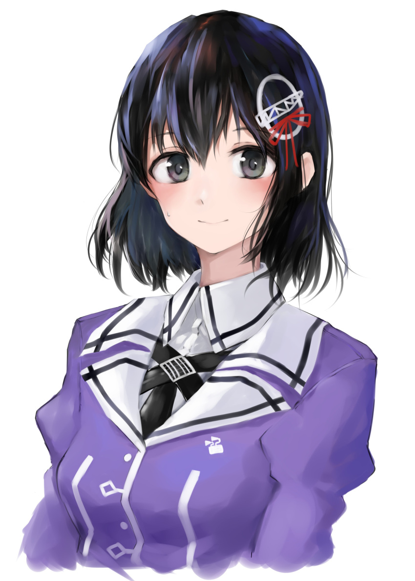 1girl 73suke absurdres black_hair black_ribbon bob_cut brown_eyes commentary_request haguro_(kancolle) haguro_kai_ni_(kancolle) hair_ornament highres jacket kantai_collection looking_at_viewer military military_uniform neck_ribbon purple_jacket ribbon short_hair simple_background smile solo uniform upper_body white_background