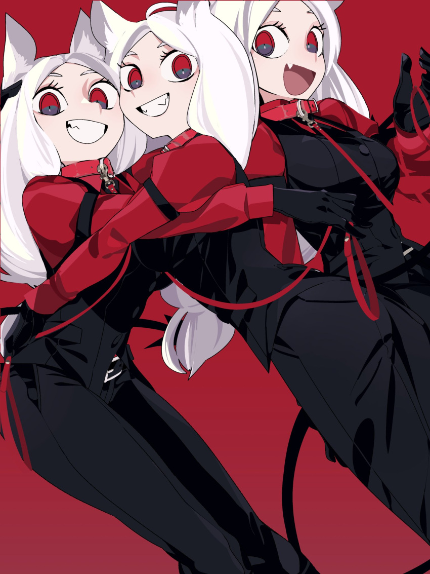 3girls animal_collar animal_ears belt black_belt black_gloves black_pants black_vest cerberus_(helltaker) collar demon_girl demon_tail dog_ears gloves hand_on_another's_head helltaker highres hug kuroi_moyamoya leash long_hair multiple_girls pants red_background red_eyes red_shirt shirt smile tail vest white_hair