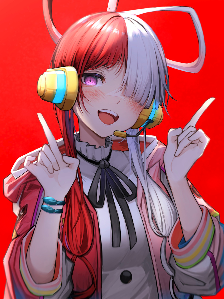 absurdres dress hair_over_one_eye highres index_finger_raised long_hair looking_at_viewer multicolored_hair one_piece open_mouth red_background simple_background smile tab_head two-tone_hair uta_(one_piece) violet_eyes white_hair