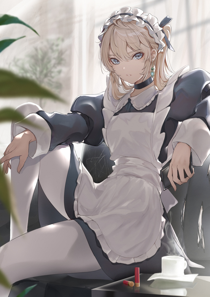 1girl apron blonde_hair blue_eyes choker couch earrings highres jewelry maid maid_apron maid_headdress marumoru original pantyhose parted_lips puffy_sleeves sitting solo twintails white_pantyhose