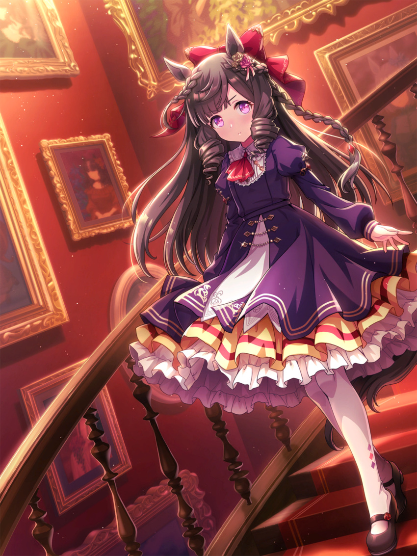 1girl absurdres animal_ears black_hair blush bow breasts daiichi_ruby_(umamusume) drill_hair gothic_lolita hair_bow hair_ornament highres horse_ears horse_tail lolita_fashion long_hair looking_at_viewer official_art painting_(object) pantyhose shoes small_breasts solo stairs tail umamusume violet_eyes walking