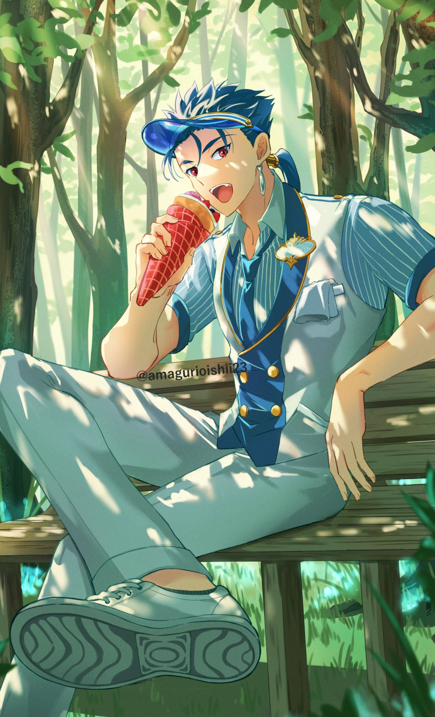 1boy absurdres baseball_cap blue_hair blue_headwear blue_necktie blue_shirt blue_vest buttons chair collared_shirt commentary_request crossed_legs cu_chulainn_(fate) cu_chulainn_(fate/stay_night) earrings eating fang fate/extella fate/extella_link fate/extra fate/grand_order fate/hollow_ataraxia fate/stay_night fate_(series) feet_out_of_frame food gold_trim grass hat highres holding holding_food jewelry kiriko_(onigiri21) long_hair looking_at_viewer male_focus necktie official_alternate_costume on_chair open_mouth pants ponytail red_eyes shade shadow shirt short_sleeves sitting smile solo spiky_hair striped striped_shirt tree twitter_username two-tone_vest vest white_footwear white_pants white_vest