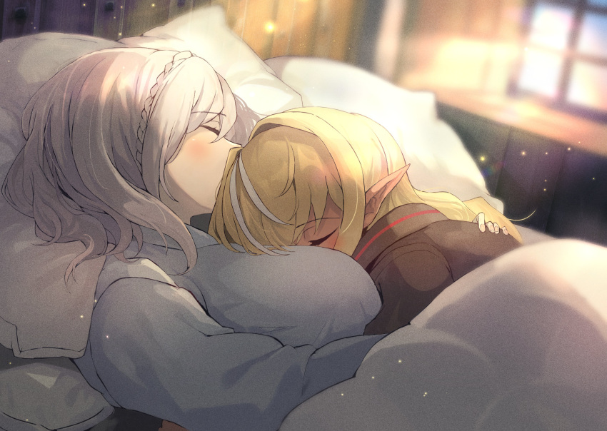 2girls absurdres bed blanket blonde_hair braid closed_eyes dark-skinned_female dark_elf dark_skin elf french_braid grey_hair highres hololive long_hair lying multicolored_hair multiple_girls ohako_(ohako1818) on_back pillow pointy_ears shiranui_flare shirogane_noel short_hair sleeping sleeping_on_person streaked_hair under_covers virtual_youtuber wavy_hair yuri zzz