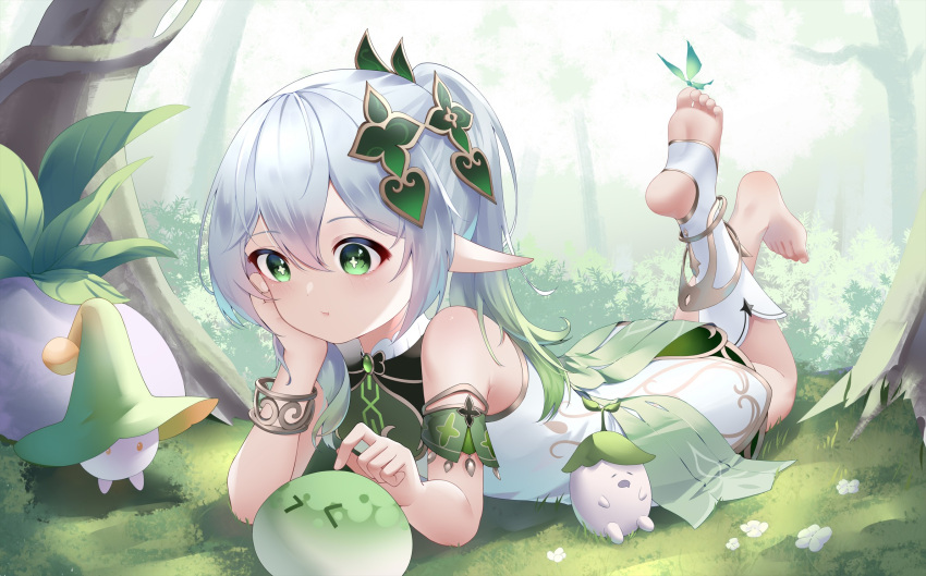 1girl 3others bingchuan_xian_yu_huang bracelet crystalfly_(genshin_impact) dress feet forest fungi_(genshin_impact) genshin_impact green_eyes hair_ornament highres jewelry long_hair lying multiple_others nahida_(genshin_impact) nature on_stomach outdoors pointy_ears ponytail sleeveless sleeveless_dress slime_(genshin_impact) socks soles toeless_footwear toes tree white_dress white_hair white_socks