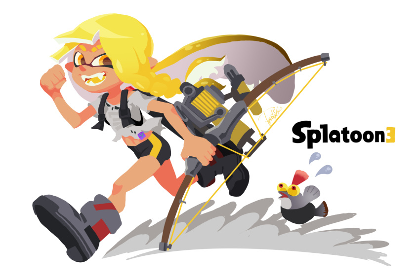 1girl :d asymmetrical_hair bike_shorts black_shorts blonde_hair boots bow_(weapon) braid clenched_hand colored_tongue copyright_name eyebrow_cut fangs flying_sweatdrops full_body grey_footwear highres holding holding_bow_(weapon) holding_weapon ink_tank_(splatoon) inkling inkling_girl isamu-ki_(yuuki) leg_up little_buddy_(splatoon) long_hair navel no_lineart orange_eyes pointy_ears running salmonid shirt short_sleeves shorts simple_background single_vertical_stripe smallfry_(splatoon) smile splatoon_(series) splatoon_3 suction_cups teeth tentacle_hair torn_clothes torn_shirt tri-stringer_(splatoon) weapon white_background white_shirt yellow_tongue