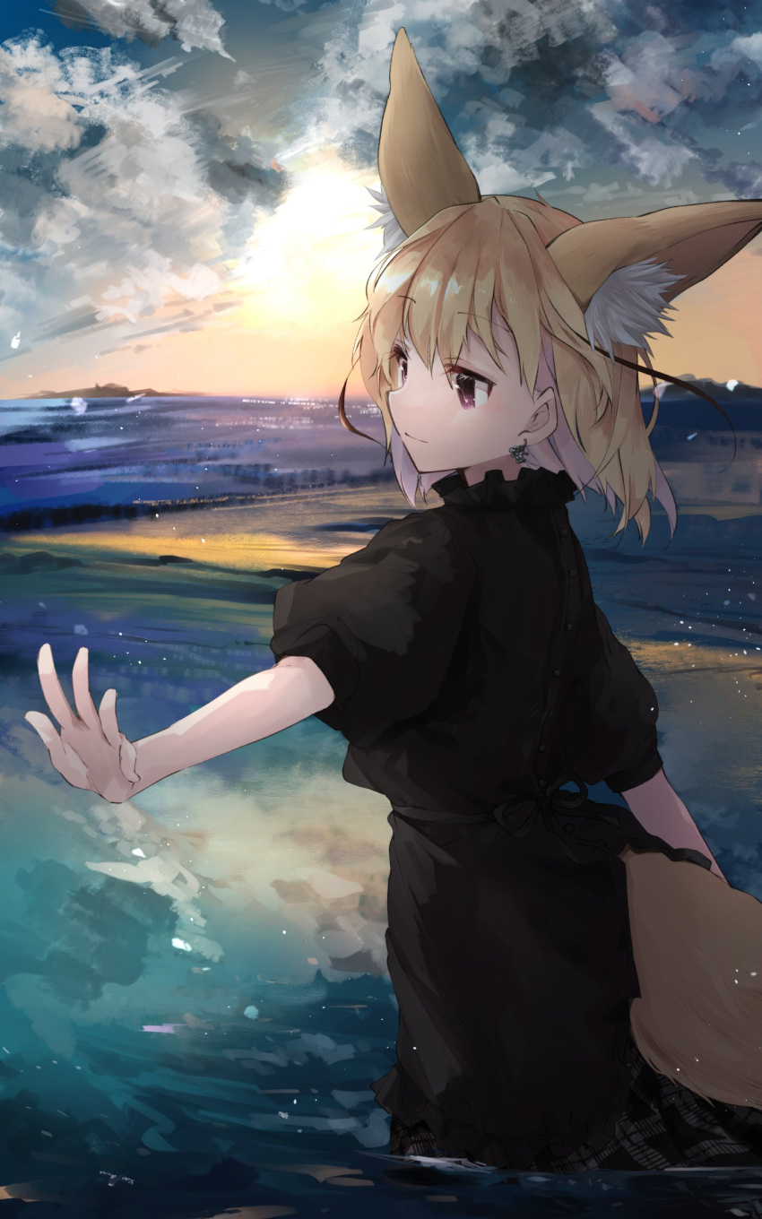 1girl alternate_costume animal_ear_fluff animal_ears black_dress blonde_hair brown_eyes clouds commentary_request dress earrings extra_ears fennec_(kemono_friends) fox_ears fox_girl fox_tail highres horizon jewelry kemono_friends light_smile looking_away medium_hair nanana_(nanana_iz) outstretched_arm puffy_short_sleeves puffy_sleeves short_sleeves solo tail wading water