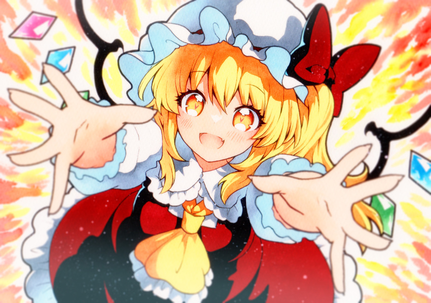 ascot blonde_hair collared_shirt crystal fang flandre_scarlet frilled_shirt_collar frilled_skirt frilled_sleeves frills hat highres medium_hair mob_cap one_side_up puffy_short_sleeves puffy_sleeves qqqrinkappp red_eyes red_skirt red_vest shirt short_sleeves skirt skirt_set slit_pupils touhou traditional_media vest white_headwear white_shirt wrist_cuffs yellow_ascot