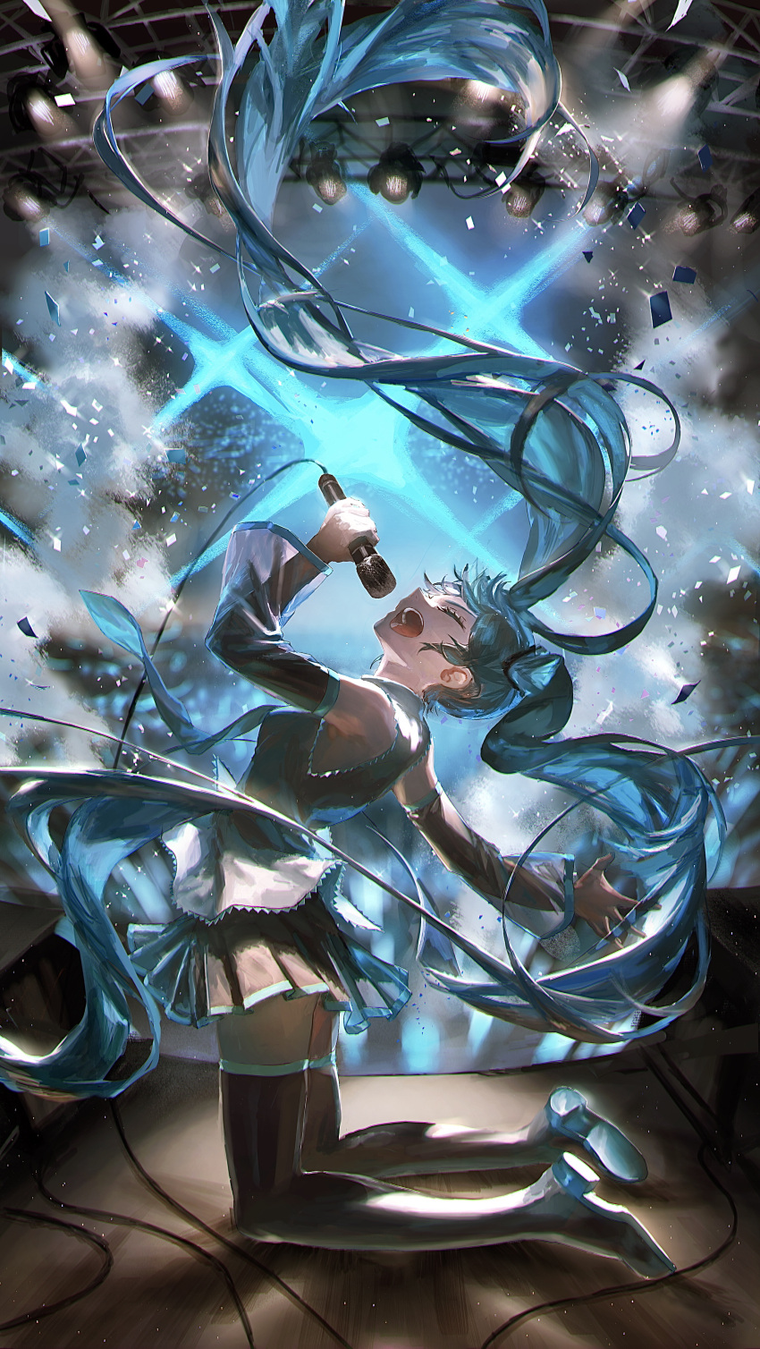 1girl absurdly_long_hair absurdres aqua_hair aqua_necktie arched_back arm_up bare_shoulders black_skirt black_sleeves black_thighhighs boots closed_eyes concert debris detached_sleeves floating_hair from_side grey_shirt hair_ornament hatsune_miku highres holding holding_microphone kneeling leaning_back long_hair microphone microphone_cord miniskirt music necktie open_mouth outstretched_arm pleated_skirt qq_orikou shirt singing skindentation skirt sleeveless sleeveless_shirt solo spotlight stage thigh-highs thigh_boots truss twintails very_long_hair vocaloid zettai_ryouiki