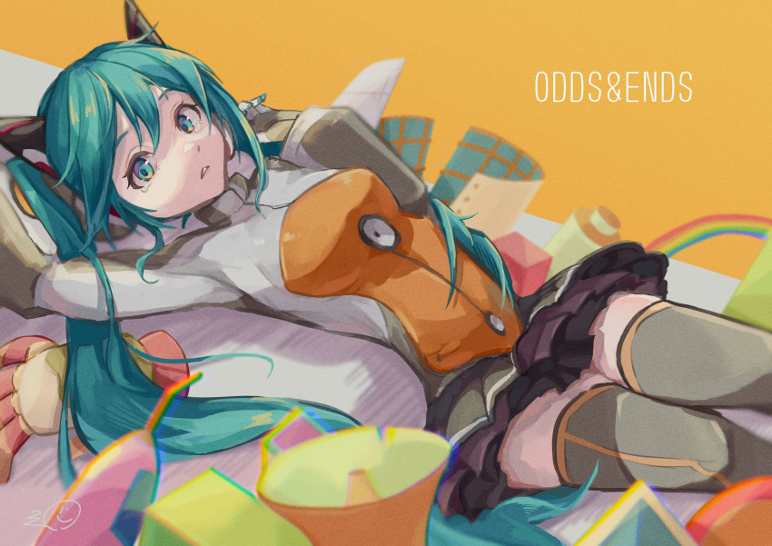 1girl absurdres aqua_eyes aqua_hair arms_up artist_logo black_skirt bodysuit commentary gloves grey_bodysuit grey_thighhighs hair_ornament hatsune_miku highres long_hair looking_at_viewer lying megaphone mikuni144 miniskirt multicolored_bodysuit multicolored_clothes odds_&amp;_ends_(vocaloid) on_back orange_background orange_bodysuit parted_lips pleated_skirt skirt solo song_name tears thigh-highs twintails very_long_hair vocaloid zettai_ryouiki