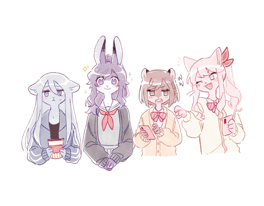 1other 25-ji_night_code_de._(project_sekai) 3girls akiyama_mizuki asahina_mafuyu black_cardigan blue_eyes blue_fur blue_hair blush bow bowtie braid bumgae cardigan cat_girl cellphone commentary_request diagonal-striped_bowtie furrification furry grey_serafuku hamster_girl holding holding_phone kamiyama_high_school_uniform_(sekai) korean_commentary long_hair miyamasuzaka_girls'_academy_uniform mouse_girl multiple_girls phone project_sekai purple_fur purple_hair red_bow red_bowtie school_uniform serafuku shinonome_ena short_hair side_ponytail sidelocks simple_background smartphone smile sparkle upper_body very_long_hair violet_eyes white_background yellow_cardigan yoisaki_kanade