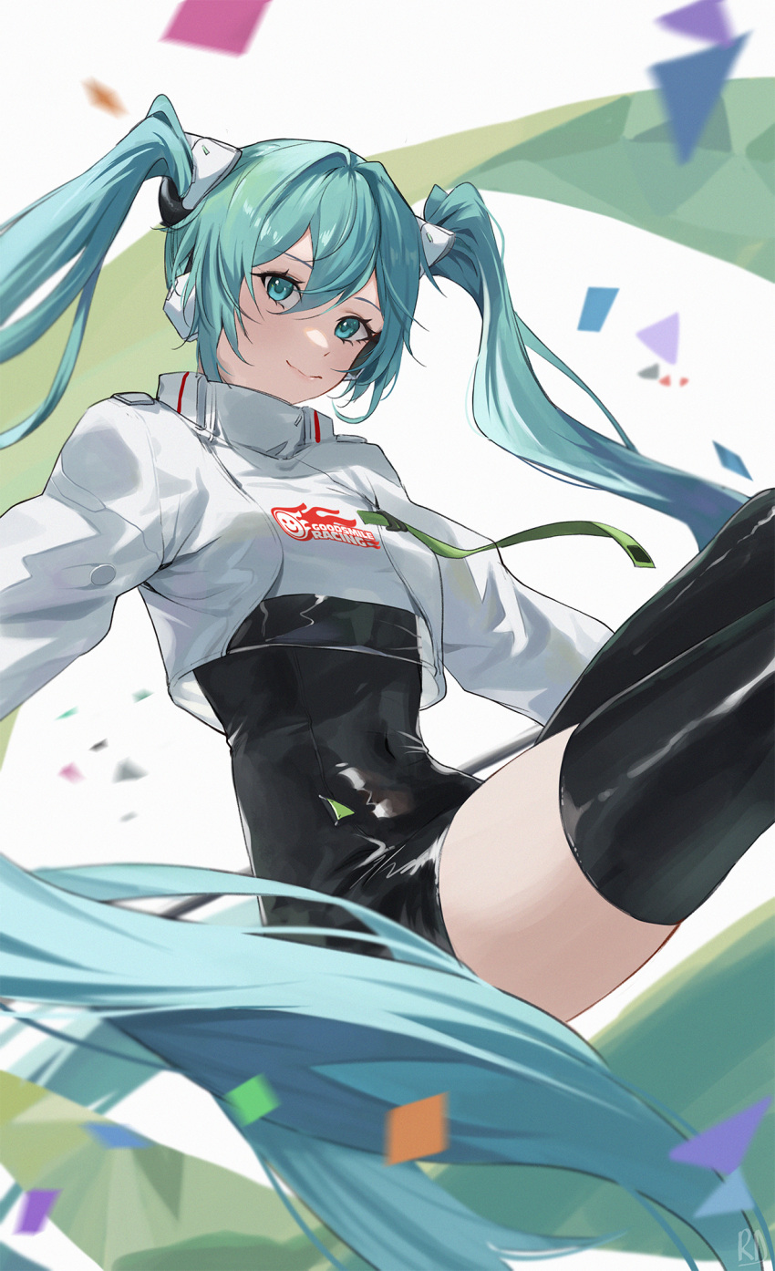 1girl absurdly_long_hair aqua_eyes aqua_hair bangs black_jumpsuit black_thighhighs closed_mouth floating_hair goodsmile_racing hair_between_eyes hair_intakes hatsune_miku highres jacket jumpsuit long_hair racing_miku racing_miku_(2022) ryudraw shiny shiny_hair short_jumpsuit smile solo thigh-highs very_long_hair vocaloid white_jacket zettai_ryouiki