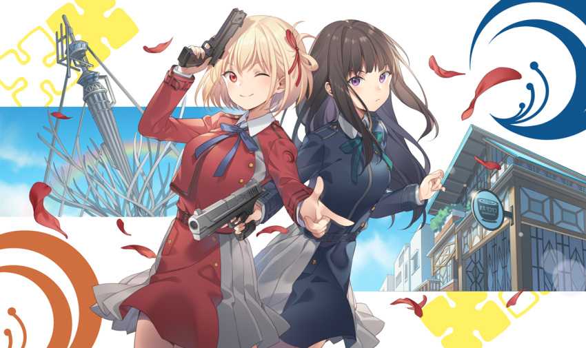 2girls ;) black_dress black_hair blonde_hair blue_bow bow breasts building closed_mouth commentary_request dress green_bow grey_dress gun handgun holding holding_gun holding_weapon inoue_takina long_hair long_sleeves looking_at_viewer lycoris_recoil medium_breasts multiple_girls nishikigi_chisato one_eye_closed pleated_dress red_dress red_eyes rie_(reverie) sign smile two-tone_dress very_long_hair violet_eyes weapon