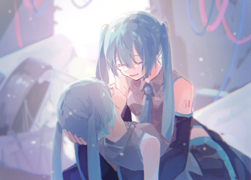 2girls aqua_hair aqua_necktie arm_around_back bare_shoulders black_skirt black_sleeves black_thighhighs blurry blurry_background broken_glass cable clone closed_eyes commentary detached_sleeves glass grey_shirt hand_on_another's_head hatsune_miku highres lifting_person long_hair mi_no_take miniskirt multiple_girls necktie open_mouth pleated_skirt shirt shoulder_tattoo skirt sleeveless sleeveless_shirt smile stasis_tank symbol-only_commentary tattoo thigh-highs twintails very_long_hair vocaloid zettai_ryouiki