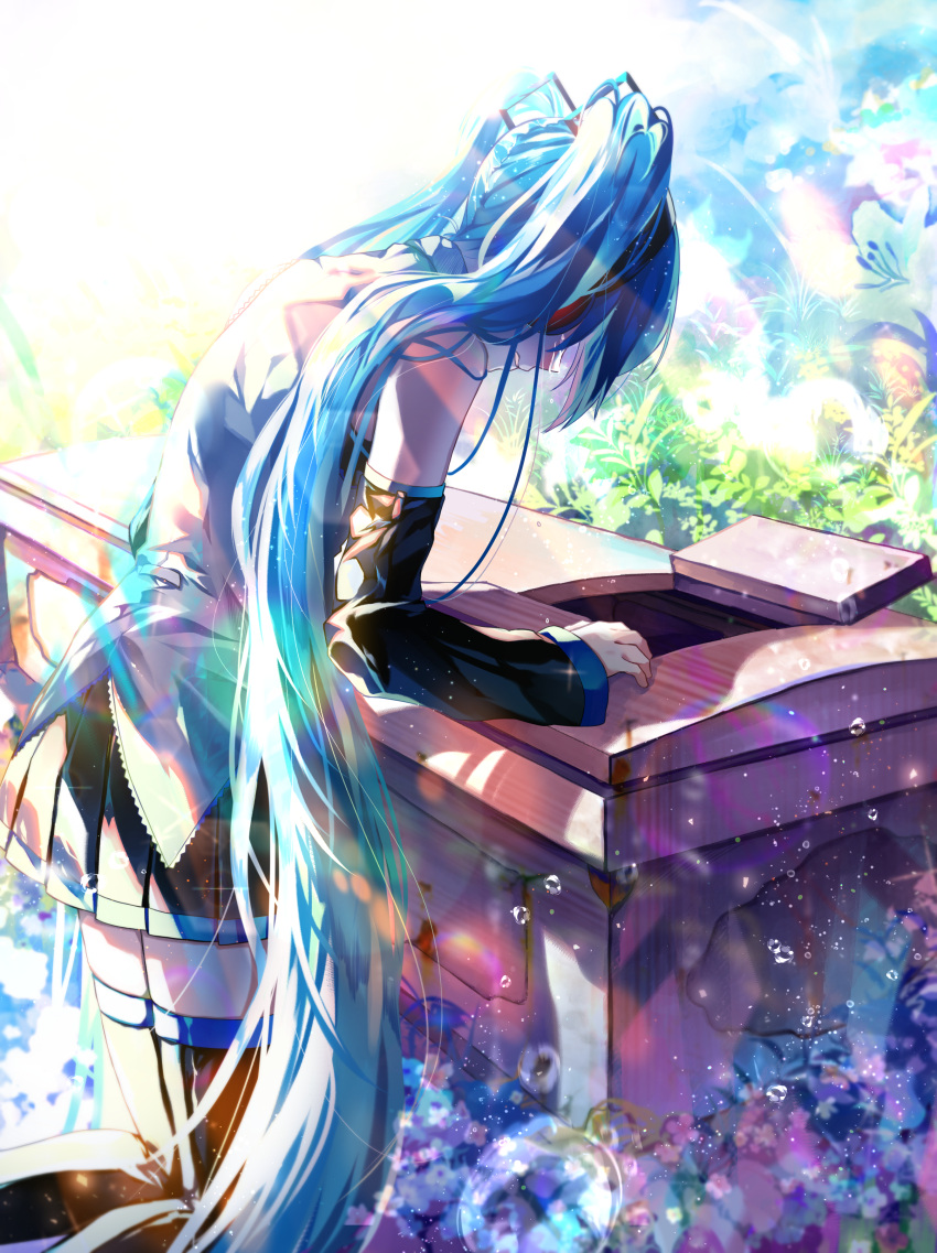 1girl absurdres aqua_hair bare_shoulders black_skirt black_sleeves black_thighhighs coffin commentary crying detached_sleeves feet_out_of_frame flower grey_shirt hair_ornament hatsune_miku headphones highres kneeling leaning_forward lens_flare lily_(flower) long_hair looking_down miniskirt parted_lips pleated_skirt shirayuki_towa shirt sidelighting skindentation skirt sleeveless sleeveless_shirt solo thigh-highs twintails very_long_hair vocaloid water_drop zettai_ryouiki