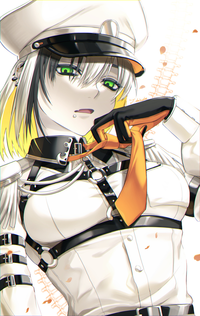 1girl absurdres bangs belt black_hair breasts earrings eyebrows_hidden_by_hair gloves green_eyes hair_between_eyes hat highres jewelry looking_at_viewer military military_hat military_uniform multicolored_hair necktie open_mouth original solo tatsuma_daisuke uniform upper_body white_hair