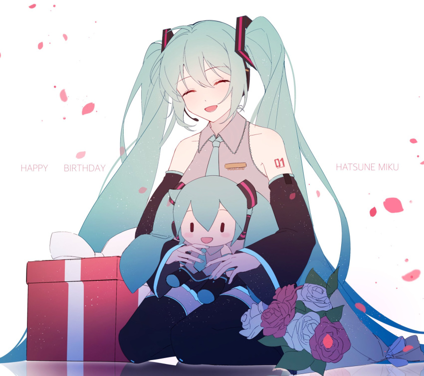 1girl :d aqua_hair aqua_nails aqua_necktie bare_shoulders black_skirt black_sleeves black_thighhighs bouquet box character_doll character_name closed_eyes commentary detached_sleeves facing_viewer falling_petals flower gift gift_box grey_shirt hair_ornament happy_birthday hatsune_miku headphones headset highres holding holding_stuffed_toy kanvien long_hair miniskirt nail_polish necktie open_mouth petals red_flower red_rose reflection reflective_floor rose seiza shirt shoulder_tattoo sitting skirt sleeveless sleeveless_shirt smile solid_oval_eyes solo stuffed_toy tattoo thigh-highs twintails very_long_hair vocaloid white_background white_flower white_rose zettai_ryouiki