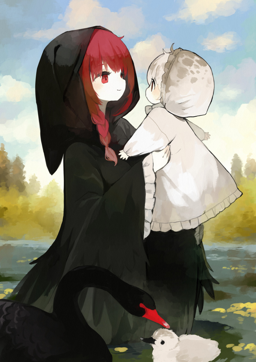 2girls absurdres animal bird black_robe black_swan_(bird) braid carrying day eye_contact feathers highres hood looking_at_another mother_and_daughter multiple_girls original personification pond red_eyes redhead robe sakutake_(ue3sayu) standing swan