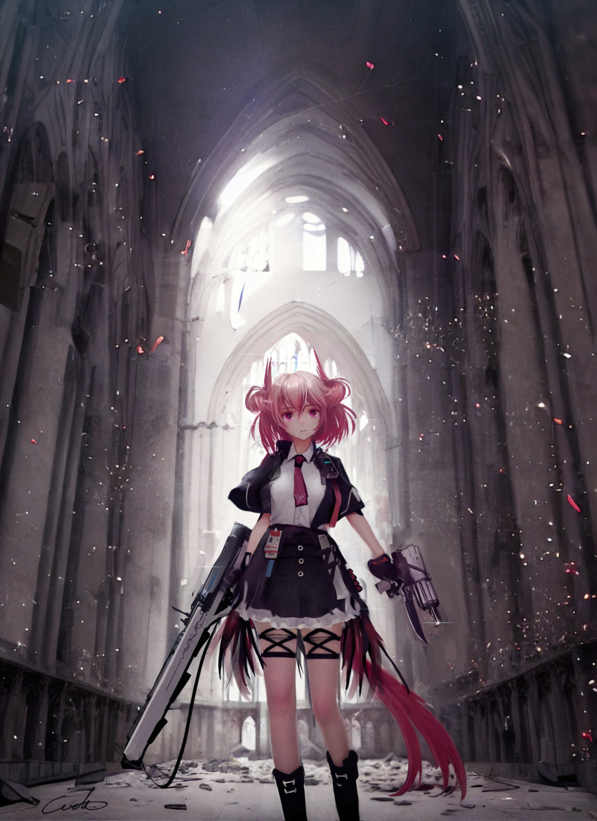 1girl absurdres animal_ears arknights bird_ears bird_girl bird_tail black_footwear black_jacket black_skirt boots cathedral collared_shirt dual_wielding feet_out_of_frame fiammetta_(arknights) frilled_skirt frills gun hair_between_eyes high-waist_skirt highres holding holding_gun holding_weapon indoors jacket looking_at_viewer necktie open_clothes open_jacket red_eyes red_necktie redhead ruins shirt short_hair short_sleeves skirt solo standing tail weapon welt_(kinsei_koutenkyoku) white_shirt